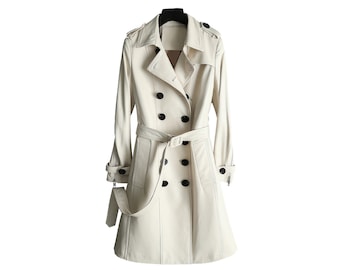 Luxury Beige Lambskin Leather Trench Coat – Belted Double-Breasted Overcoat