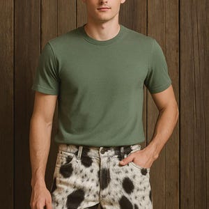 Könnte beinhalten: Ein olivgrünes T-Shirt mit kurzen Ärmeln, kombiniert mit Jeansshorts mit einem schwarz-weißen Fleckenmuster. Der Hintergrund ist eine Holzvertäfelung.