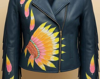 Hand-Painted Feather Cowhide Biker Jacket – Women's Leather Jacket