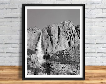 Yosemite Falls at Yosemite National park in California, scenic film photography black and white vertical fine art print.