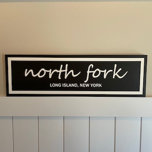 May include: Black and white sign with the text "north fork" in cursive script and the text "LONG ISLAND, NEW YORK" in all caps below.