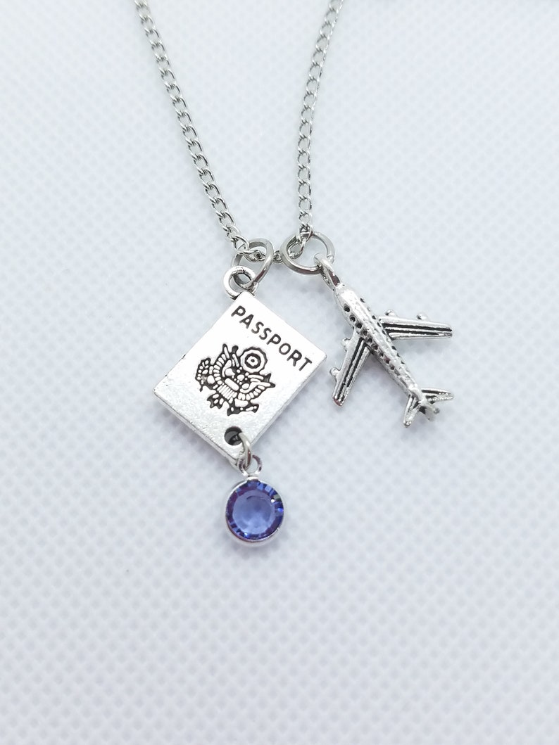 Travel Jewelry Necklace Silver Airplane Passport Charm and Crystal Birthstone World Traveler Flight Attendant and Pilot Jewelry