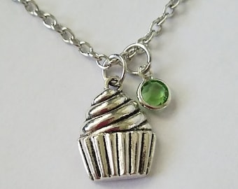 Cupcake Pendant Necklace with Crystal Birthstone, Bakers, Mom's Little Baker, Cupcake Shop Owner, Silver Cupcake Charm,