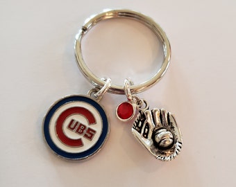 Chicago Cub Fans Keychain, Baseball & Mitt Charm, Chicago Cubs Emblem in Red, White and Blue, Red Crystal Charm
