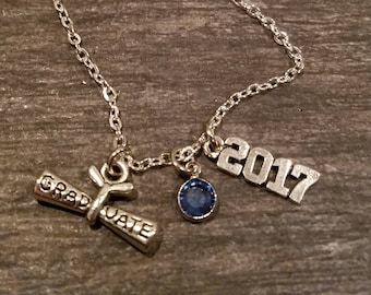 HAPPY GRADUATION ~ 2018 GRADUATE Necklace has a 2018 Silver Charm and Silver Diploma with a Beautiful Swarovski Crystal Birthstone