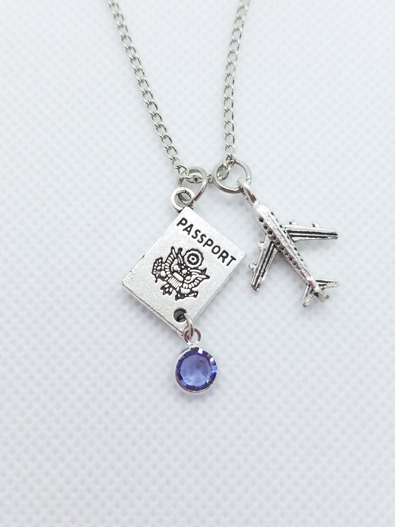 Travel Jewelry Necklace Silver Airplane Passport Charm and Crystal Birthstone World Traveler Flight Attendant and Pilot Jewelry