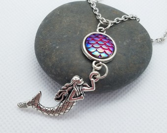 Mermaid Necklace, Iridescent Fuchsia Blue Mermaid Fish Scale Round Charm, Little Girls Gift, Birthday Gift, Bridesmaids Gift