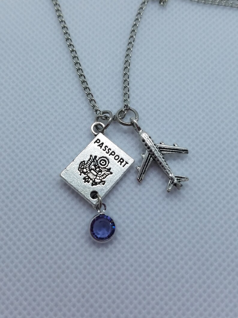 Travel Jewelry Necklace Silver Airplane Passport Charm and Crystal Birthstone World Traveler Flight Attendant and Pilot Jewelry