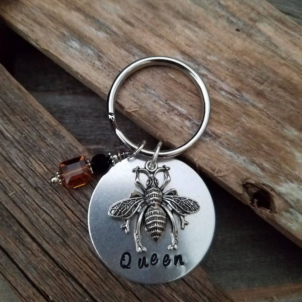 Look Whos The Queen Bee~Beautiful Hand Stamped Disk With Queen Bee Charm and Swarovski Crystals