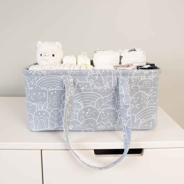 Gray Baby Diaper Bag Caddy Organizer Basket for Nursery Changing Table - Car Storage Bin Tote Bag, Diapers, and Wipes - Newborn Registry