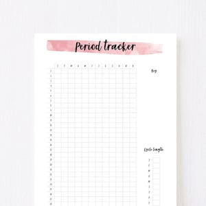May include: A printable period tracker with a pink watercolor background. The tracker includes a calendar grid for tracking periods and a section for recording cycle lengths.