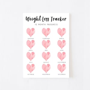 Printable annual WEIGHT LOSS TRACKER. 5 x Digital Weekly Weight Tracker, Weekly Weigh In, Measurement Tracker. 12 Month Weight Loss Chart. image 1