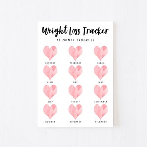 Afdrukbare jaarlijkse GEWICHTSVERLIESTRACKER. 5 x digitale wekelijkse gewichtstracker, wekelijks wegen, meettracker. Grafiek voor gewichtsverlies na 12 maanden.
