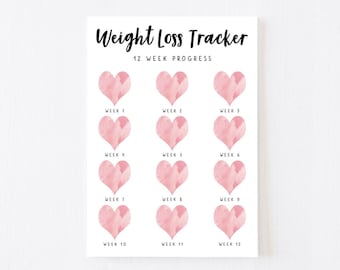 Afdrukbare GEWICHTSVERLIESTRACKER. 5 x digitale wekelijkse gewichtstracker, wekelijks wegen, meettracker. Grafiek voor gewichtsverlies in 12 weken.