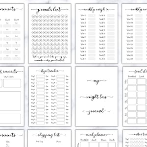 TIJDSCHRIFT VOOR GEWICHTSVERLIES. Afdrukbare digitale gewichtsverliestracker. Grafiek voor gewichtsverlies, metingen, wekelijks wegen, voedingsdagboek, maaltijdplanner en meer