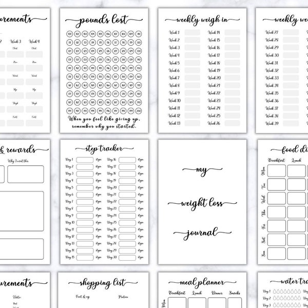 WEIGHT LOSS JOURNAL. Printable Digital Weight Loss Journal. Weight Loss Chart, Measurements, Weekly Weigh In, Food Diary Meal Planner & More