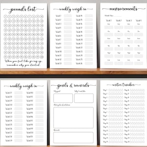 May include: Printable black and white weight loss tracker sheets. The sheets include sections for tracking pounds lost, weekly weigh-in, measurements, goals and rewards, and water intake. The text "When you feel like giving up, remember why you started." is included on the pounds lost sheet.