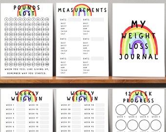 Weight Loss Journal & Printable Weight Loss Tracker. Rainbow Digital Weight Loss Pack. Weight Loss Chart, Wkly Measurements, Weekly Weigh In