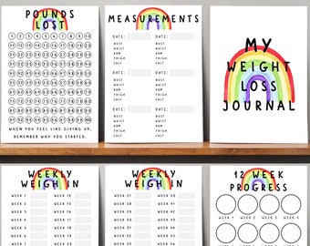 Journal de perte de poids et suivi de perte de poids imprimable. Pack de perte de poids numérique arc-en-ciel. Tableau de perte de poids, mesures hebdomadaires, pesée hebdomadaire