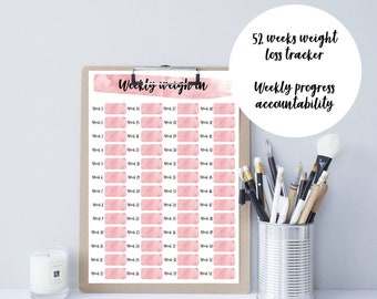 Printable Weekly Weigh In Weight Loss Tracker (52 wks). Digital Weight Loss Chart, Weight Loss Journal Printable. Weekly Weigh In Tracker