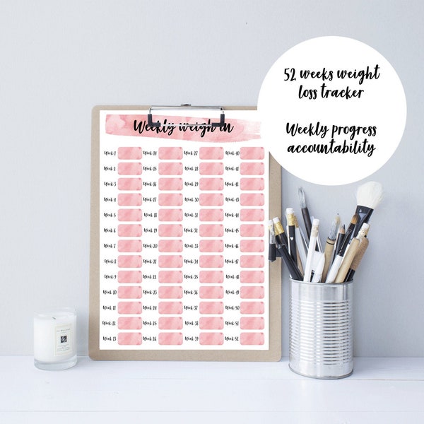 Printable Weekly Weigh In Weight Loss Tracker (52 wks). Digital Weight Loss Chart, Weight Loss Journal Printable. Weekly Weigh In Tracker