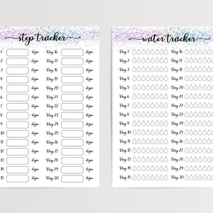 May include: A printable step tracker and water tracker with a glittery background. The step tracker has 30 days with a space to write in the number of steps taken each day. The water tracker has 30 days with a space to mark off each glass of water consumed.