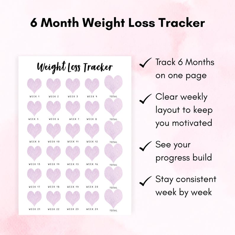 Weekley Weight In 6 Month Heart Weight Loss Tracker Print, Weekly Weigh in Chart. 24 ...