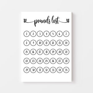 以下が含まれることがあります： 1から35までの番号が書かれた35個の円が並んだ、印刷可能な体重減少トラッカー。トラッカーのタイトルは「pounds lost」で、両側にハートマークがあります。