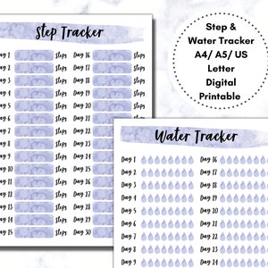 Könnte beinhalten: Druckbarer Schritt- und Wasser-Tracker mit Aquarell-Design in Violetttönen. Der Schrittzähler hat 30 Tage mit einem Platz, um die Anzahl der an jedem Tag zurückgelegten Schritte einzutragen. Der Wasser-Tracker hat 30 Tage mit einem Platz, um jedes getrunkene Glas Wasser abzuhaken.