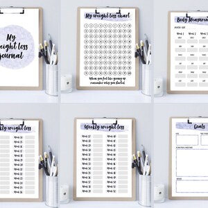 May include: Printable weight loss journal with a watercolor design. The journal includes pages for tracking weekly weight loss, body measurements, and goals.