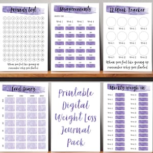 Afdrukbaar tracker-dagboek voor gewichtsverlies. Digitale gewichtsverliesgrafiek, wekelijks wegen, meettracker, doelen stellen Weight Watchers afslanken