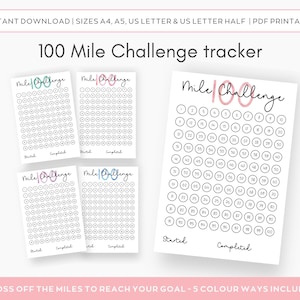Afdrukbare 100 Mile Challenge Tracker. 5 x digitale stap- en looptracker, stappentracker hardlooptracker. Wandeluitdaging, hardloopuitdaging