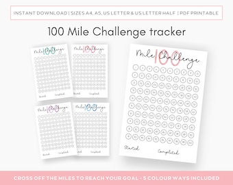 May include: Printable 100 Mile Challenge tracker with five different color options. The tracker features a grid of 100 circles to mark off miles completed.