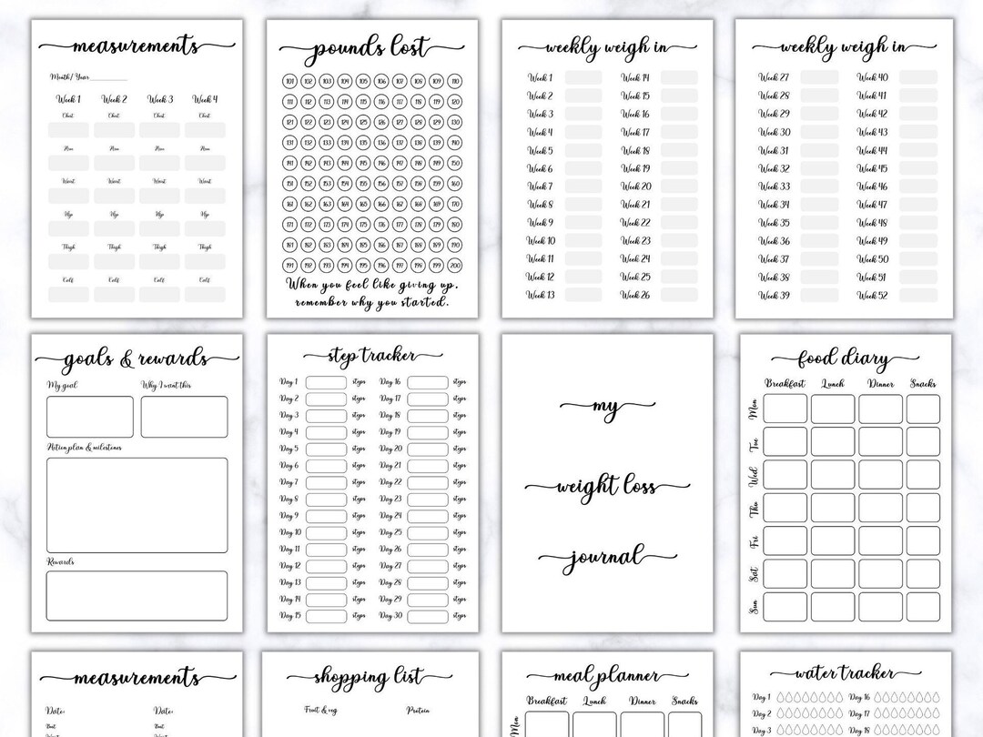 WEIGHT LOSS JOURNAL. Printable Digital Weight Loss Journal. Weight Loss Chart, Measurements