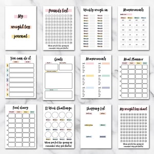 Tracker-dagboek voor gewichtsverlies. Afdrukbare digitale gewichtsverliesgrafiek, wekelijks wegen, meettracker, doelen stellen, zelfzorg, gewoontetracker