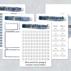 Puede incluir: Un rastreador de pérdida de peso imprimible con un diseño de temática galáctica. El rastreador incluye un gráfico de pérdida de peso semanal, un gráfico de medidas corporales y una sección de objetivos con espacio para planes de acción y sugerencias de comidas.