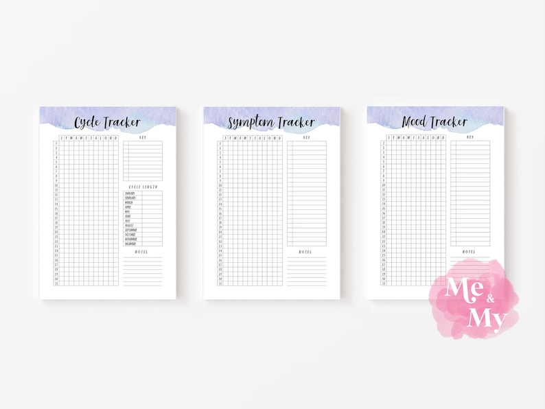 May include: Three printable trackers with watercolour backgrounds. The trackers are labelled "Cycle Tracker", "Symptom Tracker", and "Mood Tracker". Each tracker has a grid for recording daily information and a section for notes.