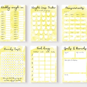 Afdrukbaar gewichtsverliesdagboek en -tracker, 14 pagina's digitale gewichtsverliesplanner, stappen-, water- en meettracker, maaltijdplanner en meer.