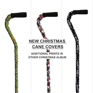 May include: Three cane covers with black handles. One is green with a cartoon design, one is red and white with a Christmas theme, and the third is black with a skeleton design. Text reads "NEW CHRISTMAS CANE COVERS".