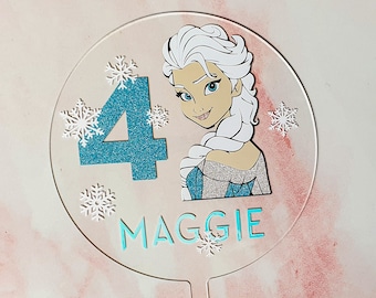 FROZEN Inspired Elsa Themed Birthday Party Personalised Cake Topper, Glitter, Snow, Let it Go Decoration, Age & Name, Winter Wonderland