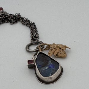 Beautiful boulder opal with ruby set in sterling silver with a bronze bee, fine necklace unique one of a kind