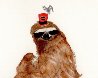 May include: A watercolor illustration of a sloth wearing a red and black hat with the text "the shitshow must go on!"