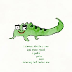 May include: A watercolour illustration of a green gecko with dark spots, thick eyebrows, and a red mouth. Below the gecko, the text reads: i shouted fuck in a cave and then i heard a gecko gecko gecko shouting fuck back at me. The art is signed zeppelinmoon.