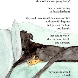 May include: A watercolour illustration of a black dog lying on a bed with a small stuffed animal. The dog is sleeping and the text reads: "they said her waiting was over. they said she was going home! her tail was beating as fast as her heart they said there would be a nice soft bed and space for big runs and pats on the head and biscuits they said it was ok that she was big, old and damaged they said she would be loved"
