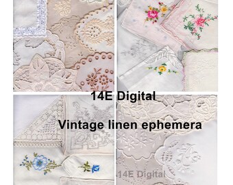 14E. Digital vintage linen/4 junk journal pages/journal background/vintage embroidery/printable doilies hankies/vintage linen ephemera