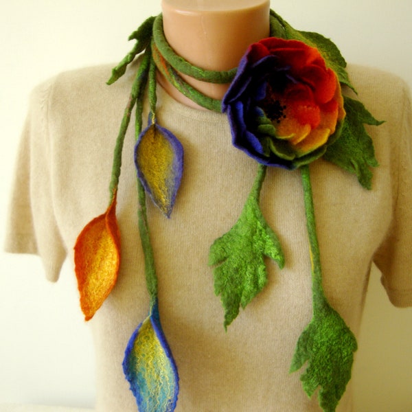 Handmade colorful rainbow necklace Wool flower brooch Floral scarf Flower lariat necklace Rainbow flowers Felt flower bouquet brooch