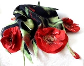 Black felted scarf women Red poppy flower wrap Nuno felt stole Felted shawl Handmade wool scarf Felt wrap Felted wool stole Art to wear