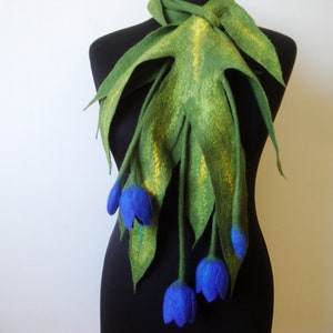 Felted Scarf with Blue Tulips – Handmade Wool Art Scarf – Botanical Nature-Inspired Wearable Art – Unique Gifted for-Her