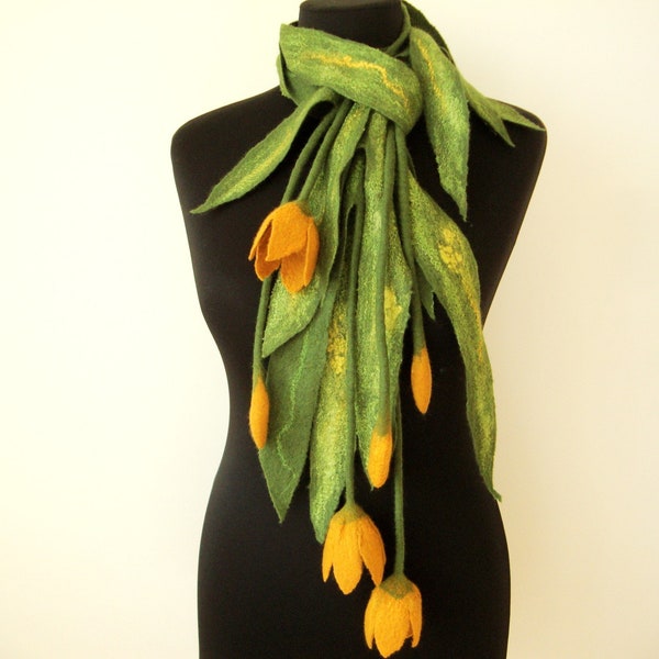Green felt flower scarf woman with yellow flowers tulips necklace scarf wool lariat scarf handwoven textile jewelry felt flower bouquet