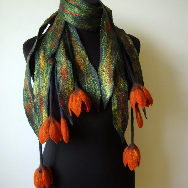 Light flower scarf women gift Wool necklace lariat Felted scarf handmade with terracotta tulips Textile necklace Felt flower bouquet